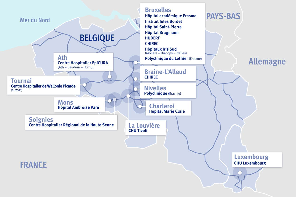 Carte des hôpitaux liés à l'ULB